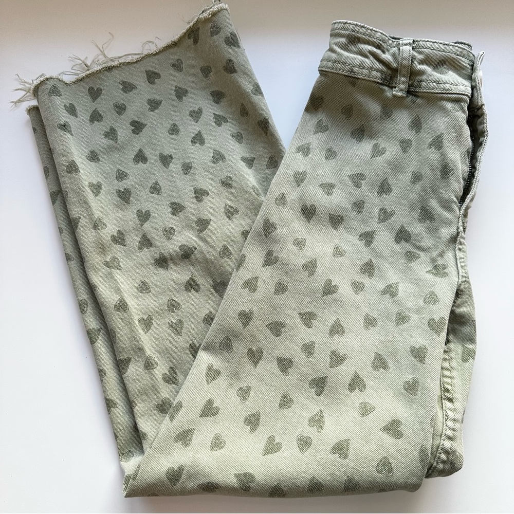 Zara Girls Green Heart Print Wide Leg Jeans Size 10
